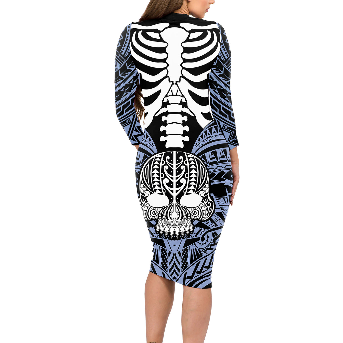 Personalised Polynesia Skull Long Sleeve Bodycon Dress With Boars Tusk Blue Arty Vibe LT9 - Polynesian Pride