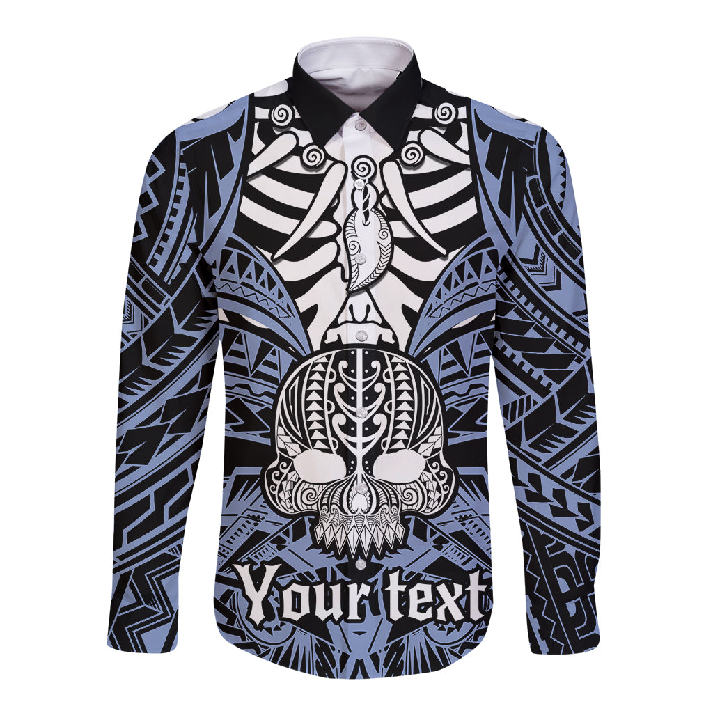 Personalised Polynesia Skull Long Sleeve Button Shirt With Boars Tusk Blue Arty Vibe LT9 Unisex Blue - Polynesian Pride