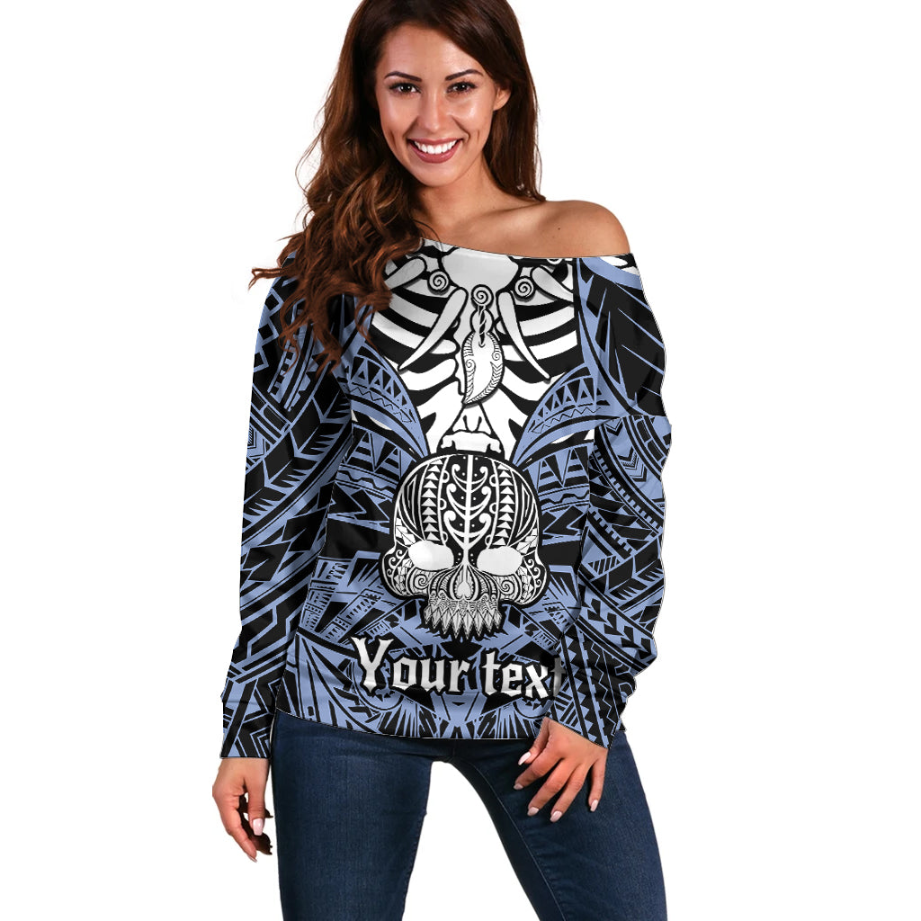 Personalised Polynesia Skull Off Shoulder Sweater With Boars Tusk Blue Arty Vibe LT9 Women Blue - Polynesian Pride