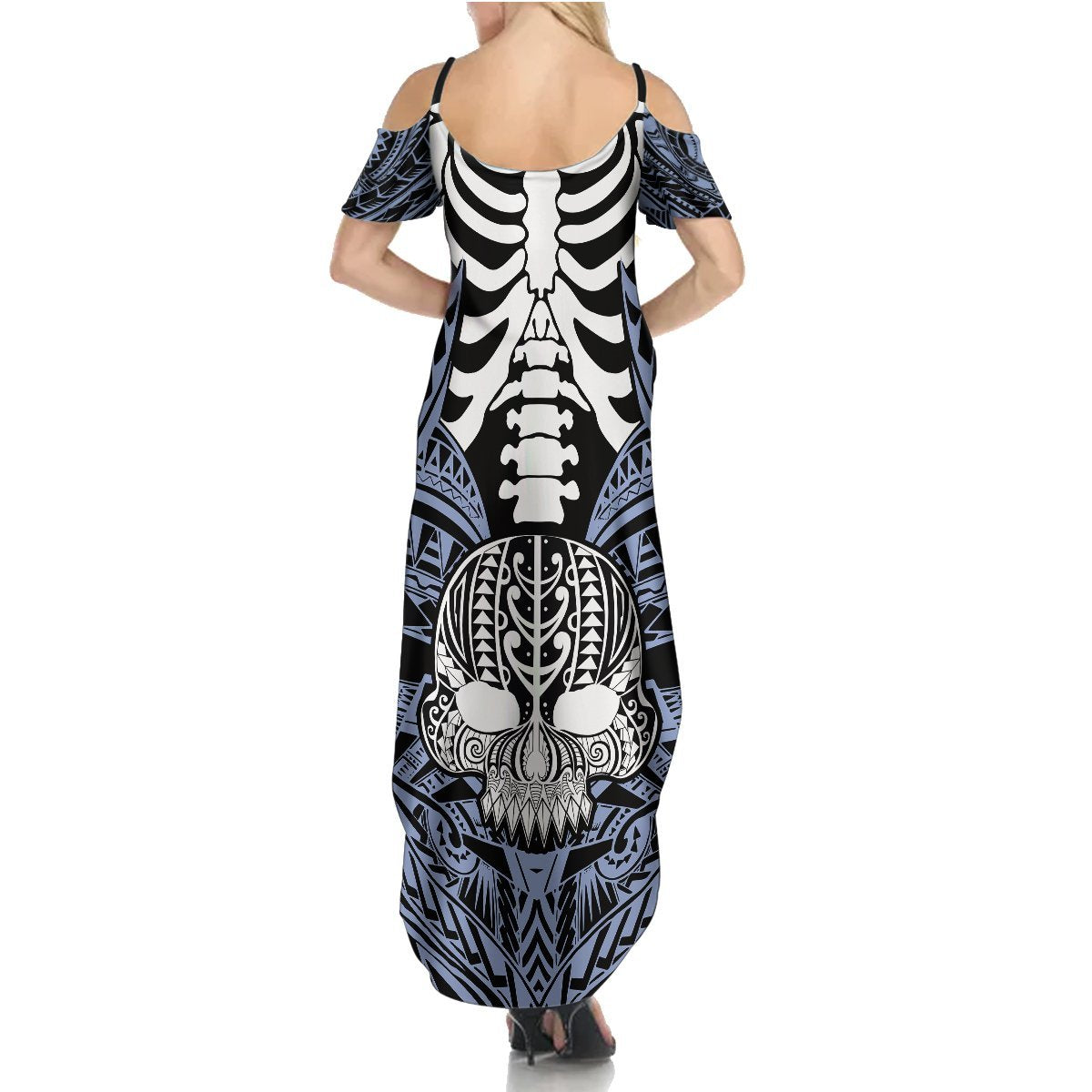 Personalised Polynesia Skull Summer Maxi Dress With Boars Tusk Blue Arty Vibe LT9 - Polynesian Pride