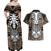 personalised-polynesia-skull-couples-matching-off-shoulder-maxi-dress-and-hawaiian-shirt-with-boars-tusk-gold-arty-vibe