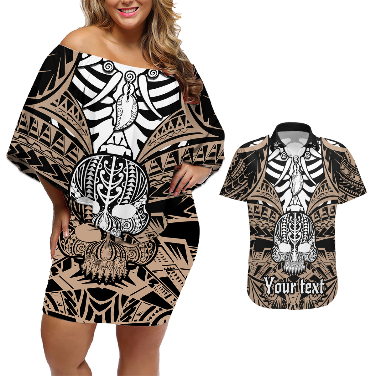 personalised-polynesia-skull-couples-matching-off-shoulder-short-dress-and-hawaiian-shirt-with-boars-tusk-gold-arty-vibe