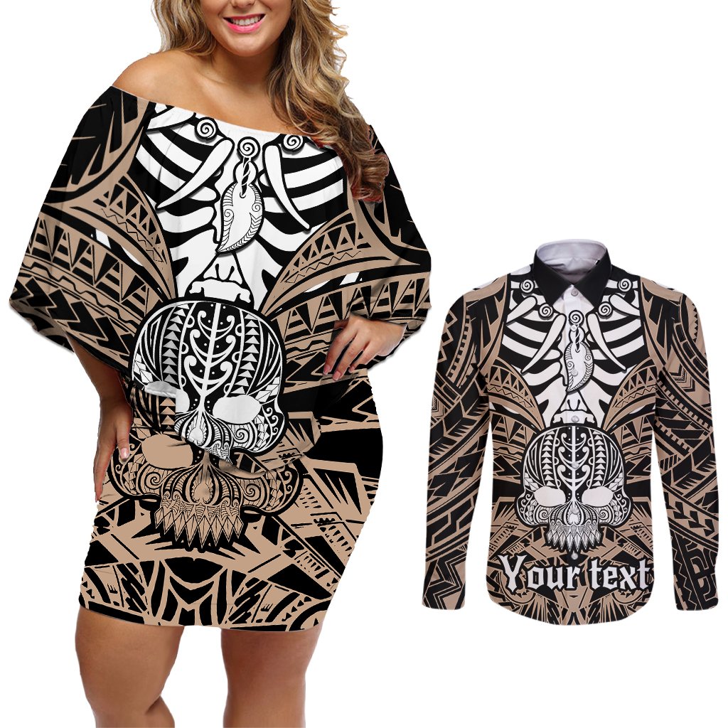 Personalised Polynesia Skull Couples Matching Off Shoulder Short Dress and Long Sleeve Button Shirts With Boars Tusk Gold Arty Vibe LT9 Gold - Polynesian Pride