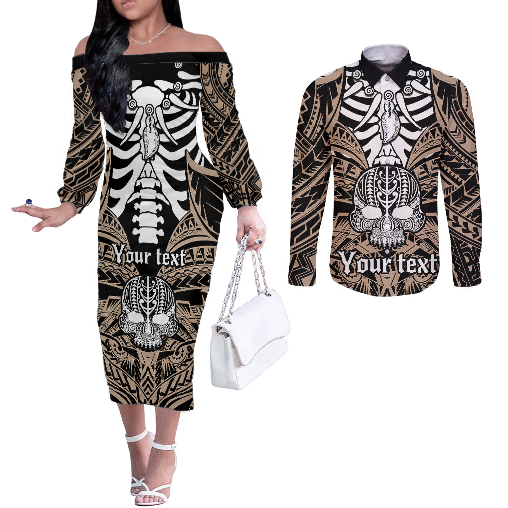 Personalised Polynesia Skull Couples Matching Off The Shoulder Long Sleeve Dress and Long Sleeve Button Shirts With Boars Tusk Gold Arty Vibe LT9 Gold - Polynesian Pride