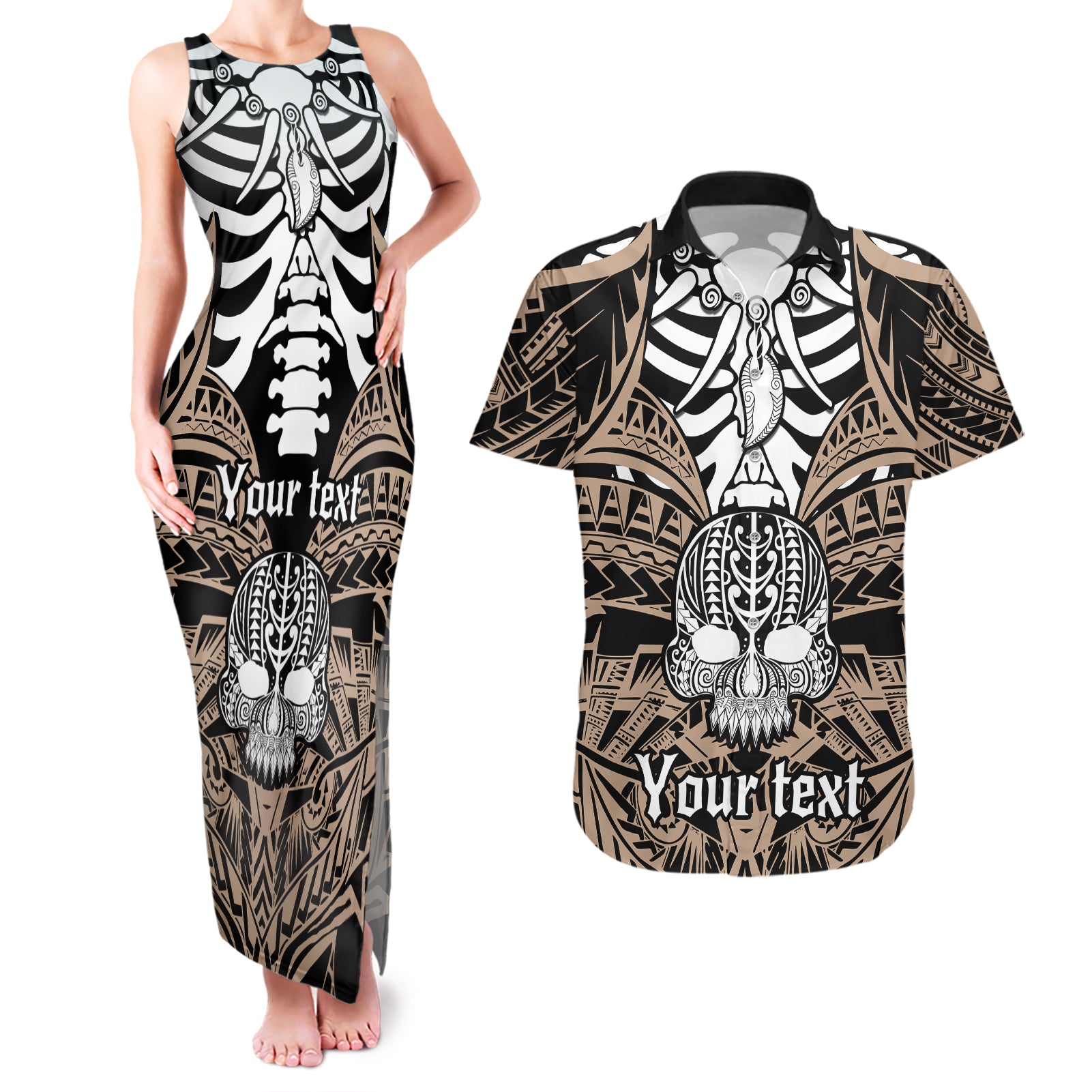 personalised-polynesia-skull-couples-matching-tank-maxi-dress-and-hawaiian-shirt-with-boars-tusk-gold-arty-vibe