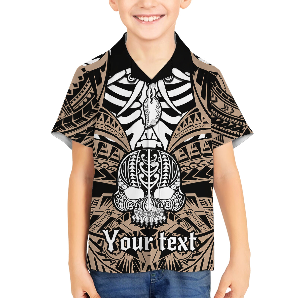 personalised-polynesia-skull-family-matching-off-shoulder-long-sleeve-dress-and-hawaiian-shirt-with-boars-tusk-gold-arty-vibe