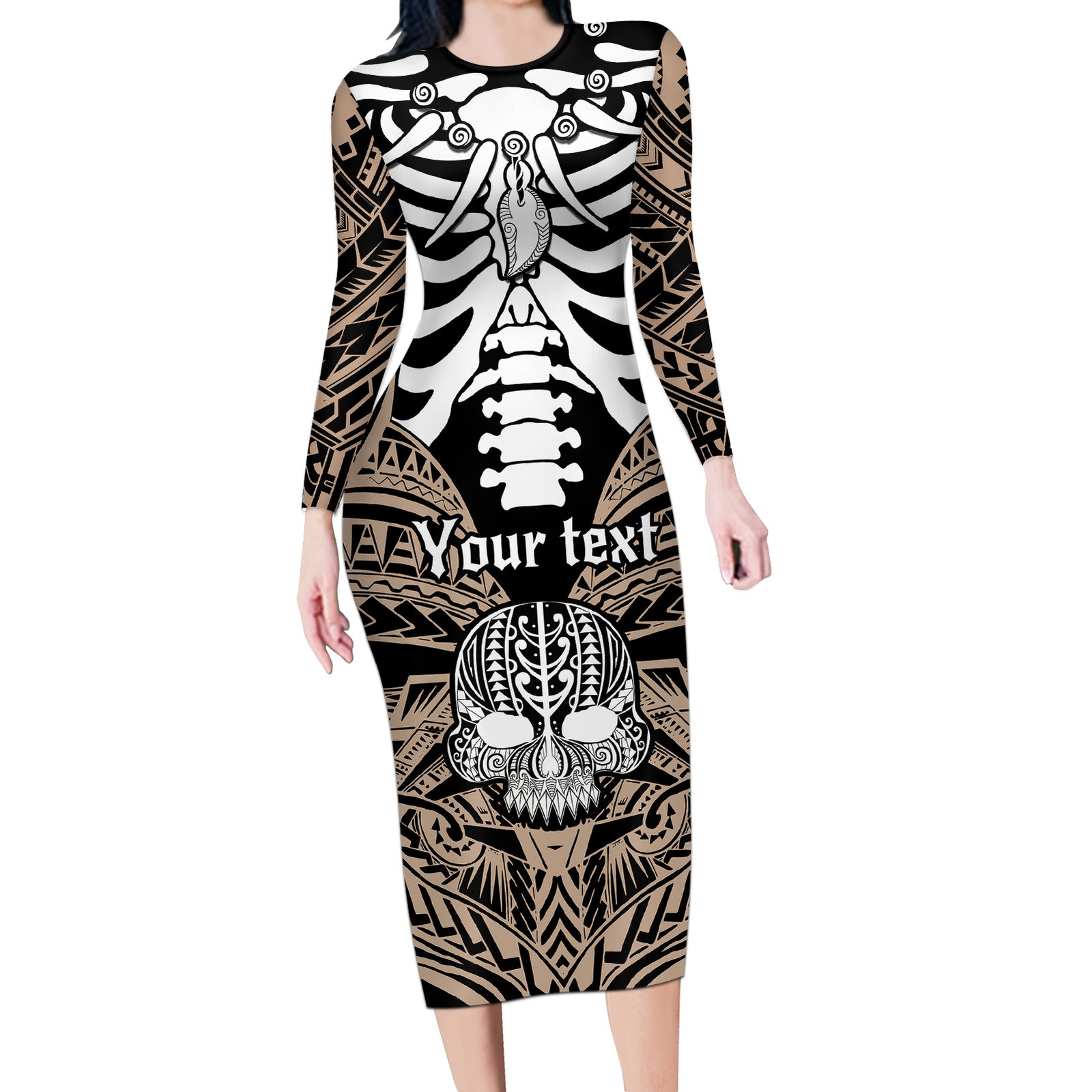 Personalised Polynesia Skull Long Sleeve Bodycon Dress With Boars Tusk Gold Arty Vibe LT9 Long Dress Gold - Polynesian Pride