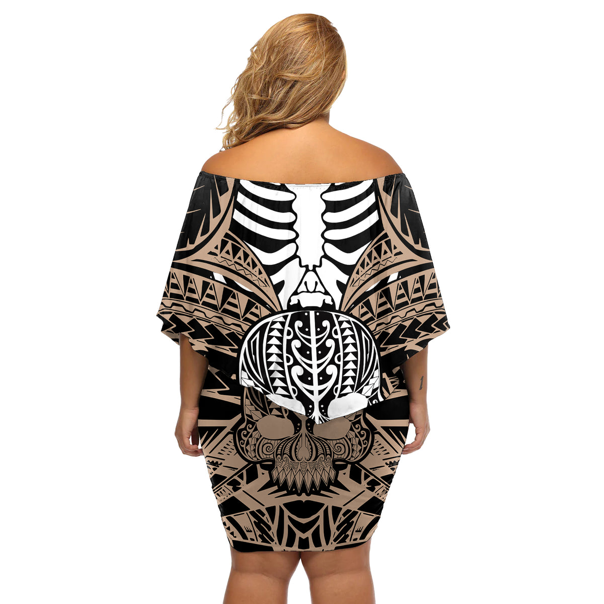 personalised-polynesia-skull-off-shoulder-short-dress-with-boars-tusk-gold-arty-vibe