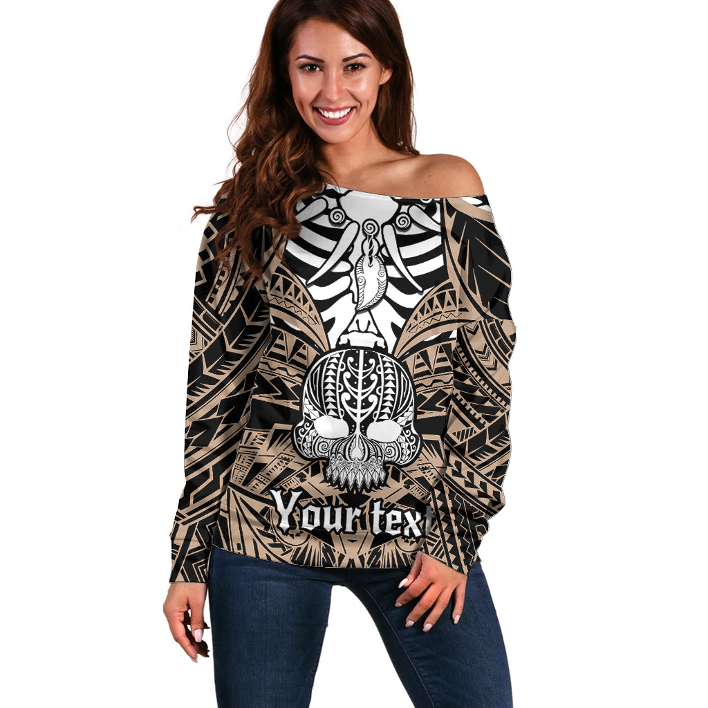 Personalised Polynesia Skull Off Shoulder Sweater With Boars Tusk Gold Arty Vibe LT9 Women Gold - Polynesian Pride