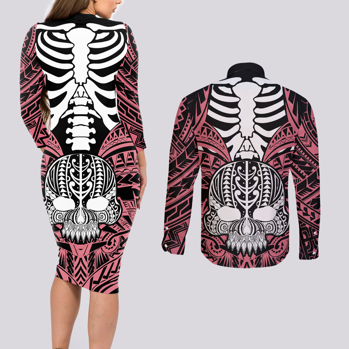 long sleeve skull dress Personalised Polynesia Skull Couples Matching Long Sleeve Bodycon Dres