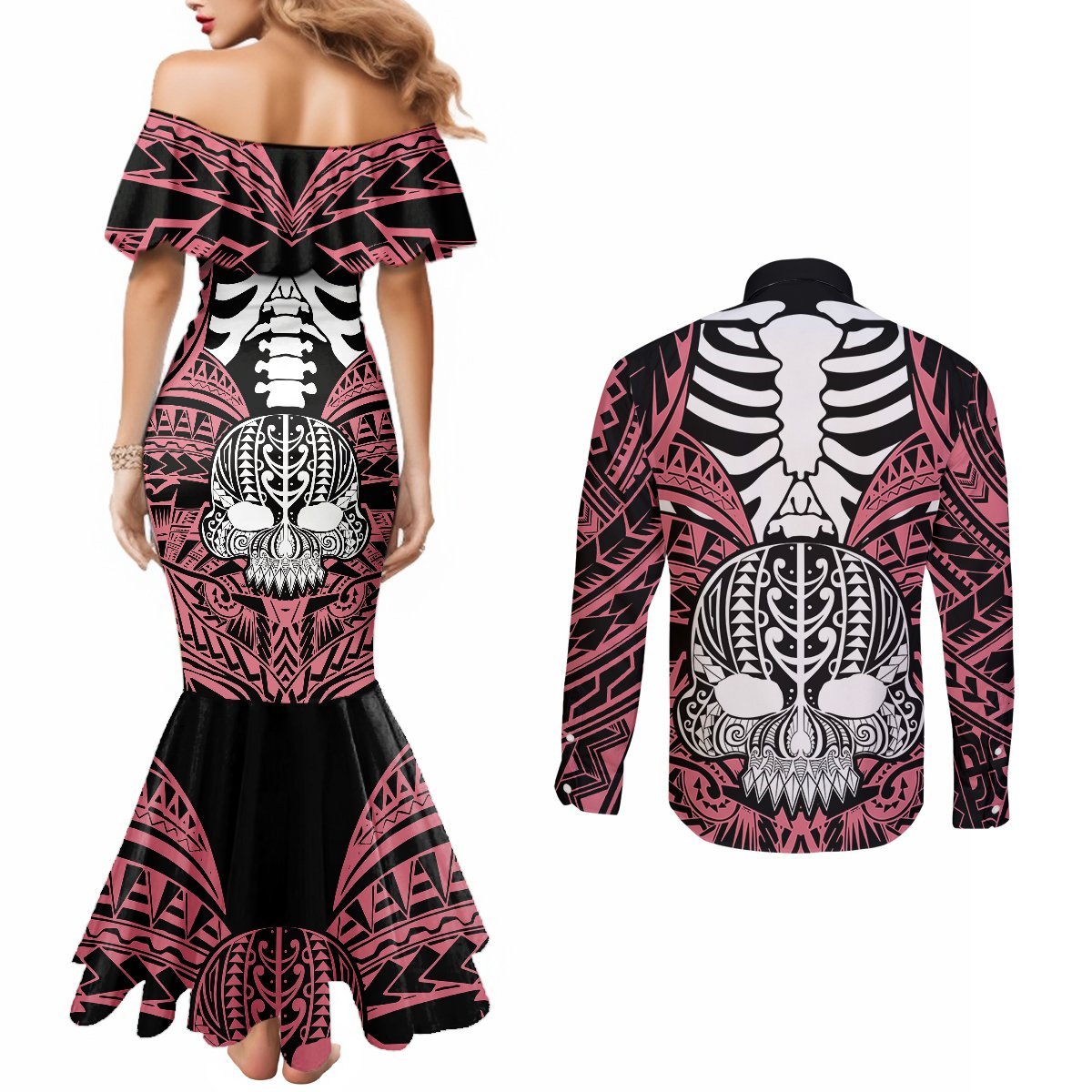 Personalised Polynesia Skull Couples Matching Mermaid Dress and Long Sleeve Button Shirts With Boars Tusk Pink Arty Vibe LT9 - Polynesian Pride