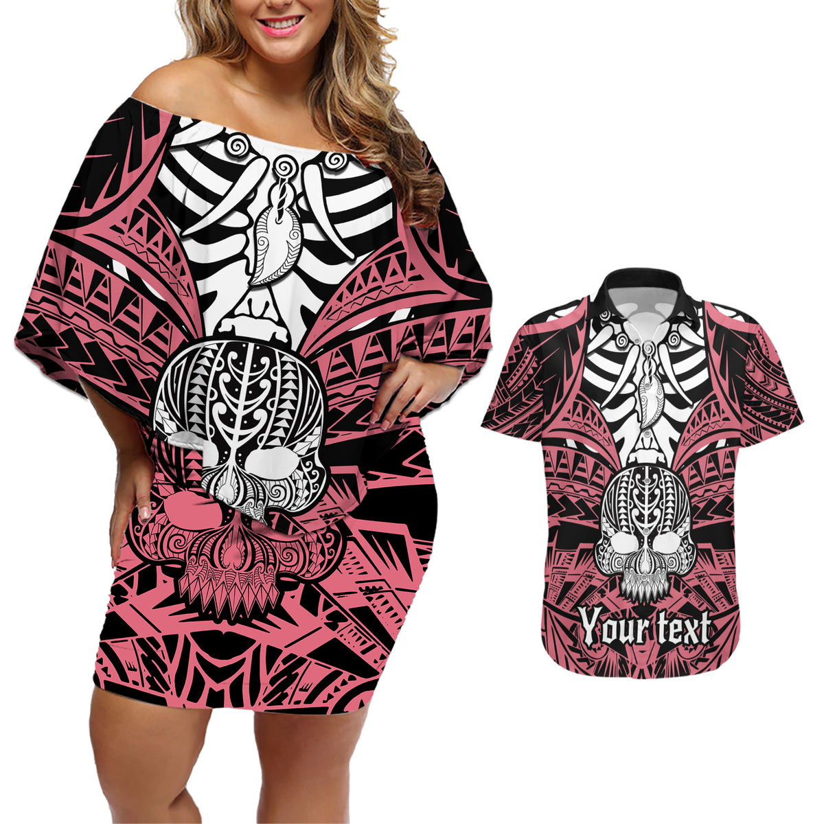personalised-polynesia-skull-couples-matching-off-shoulder-short-dress-and-hawaiian-shirt-with-boars-tusk-pink-arty-vibe
