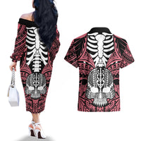 personalised-polynesia-skull-couples-matching-off-the-shoulder-long-sleeve-dress-and-hawaiian-shirt-with-boars-tusk-pink-arty-vibe