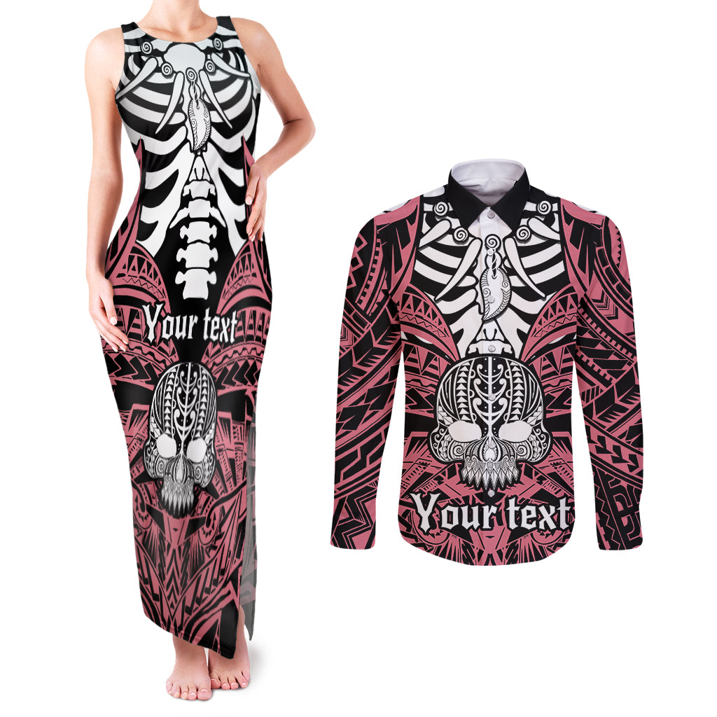 Personalised Polynesia Skull Couples Matching Tank Maxi Dress and Long Sleeve Button Shirts With Boars Tusk Pink Arty Vibe LT9 Pink - Polynesian Pride