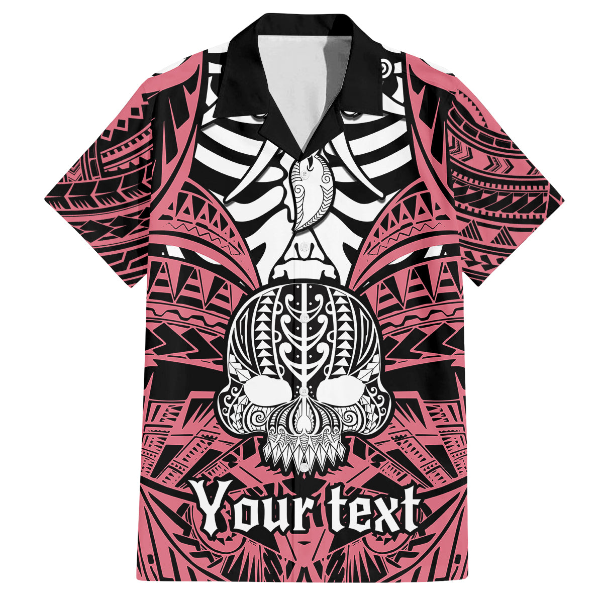 Personalised Polynesia Skull Family Matching Puletasi Dress and Hawaiian Shirt With Boars Tusk Pink Arty Vibe LT9 Dad's Shirt - Short Sleeve Pink - Polynesian Pride