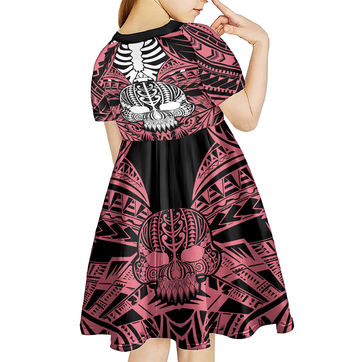 personalised-polynesia-skull-kid-short-sleeve-dress-with-boars-tusk-pink-arty-vibe