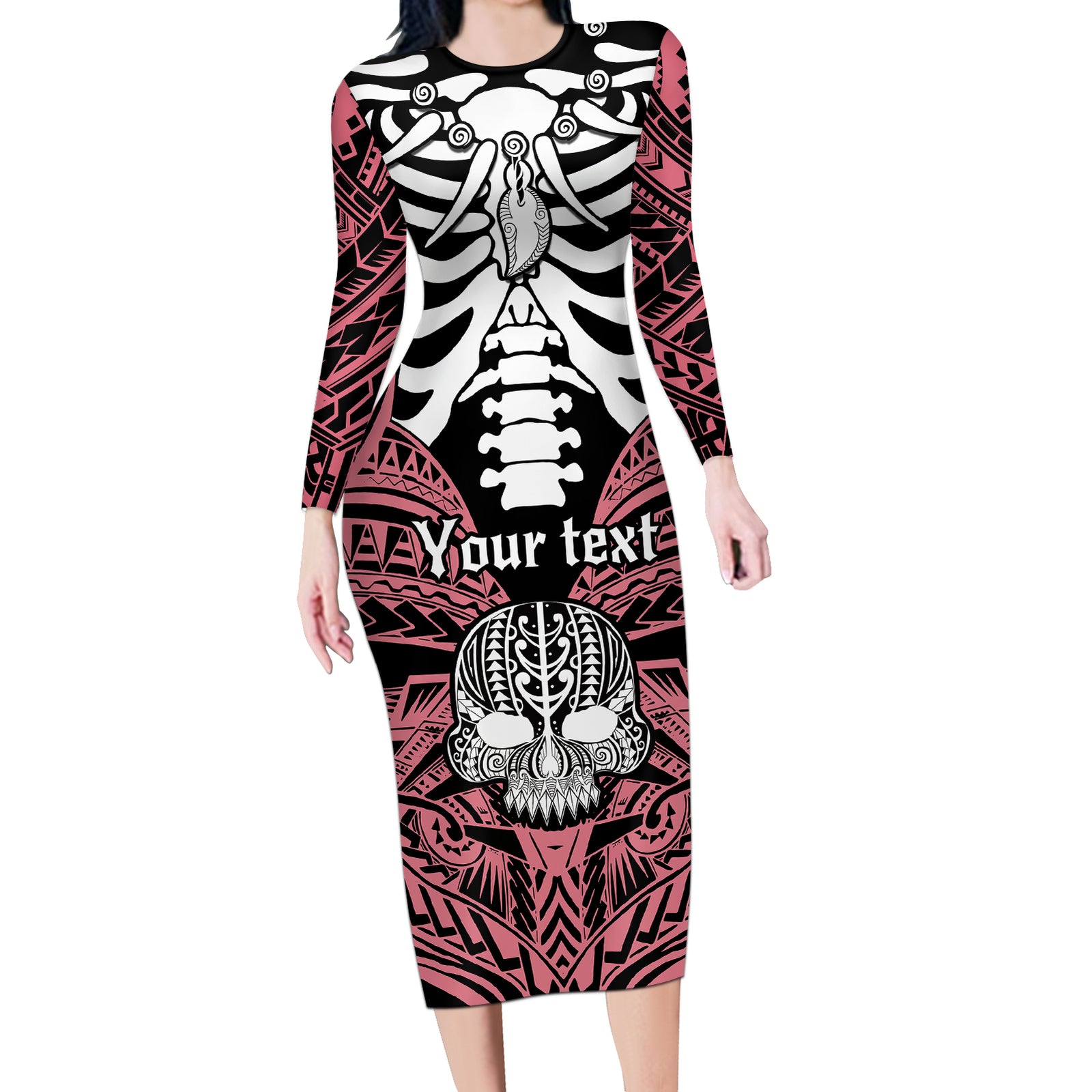 Personalised Polynesia Skull Long Sleeve Bodycon Dress With Boars Tusk Pink Arty Vibe LT9 Long Dress Pink - Polynesian Pride