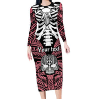 Personalised Polynesia Skull Long Sleeve Bodycon Dress With Boars Tusk Pink Arty Vibe LT9 Long Dress Pink - Polynesian Pride