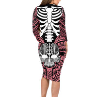 Personalised Polynesia Skull Long Sleeve Bodycon Dress With Boars Tusk Pink Arty Vibe LT9 - Polynesian Pride