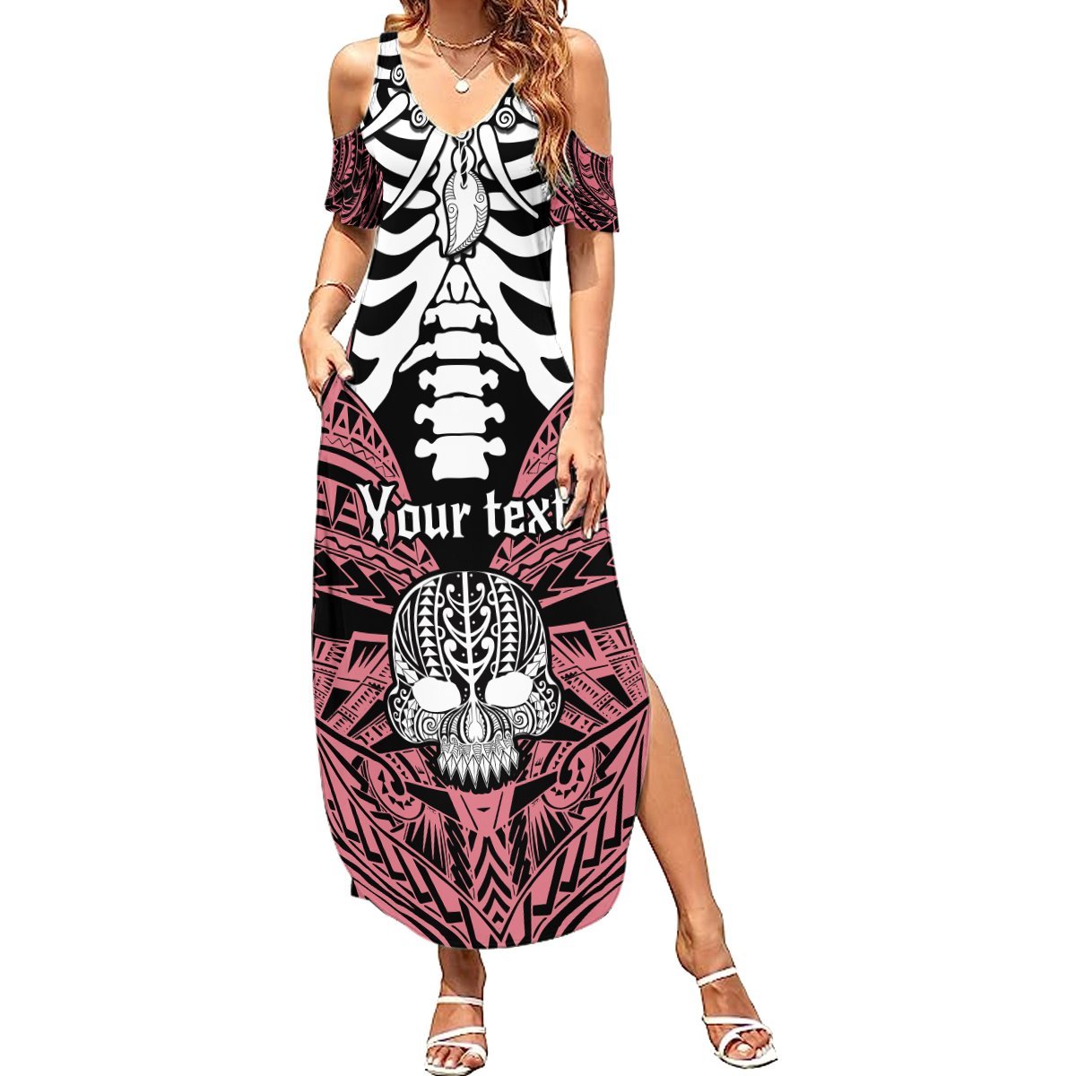 Personalised Polynesia Skull Summer Maxi Dress With Boars Tusk Pink Arty Vibe LT9 Women Pink - Polynesian Pride