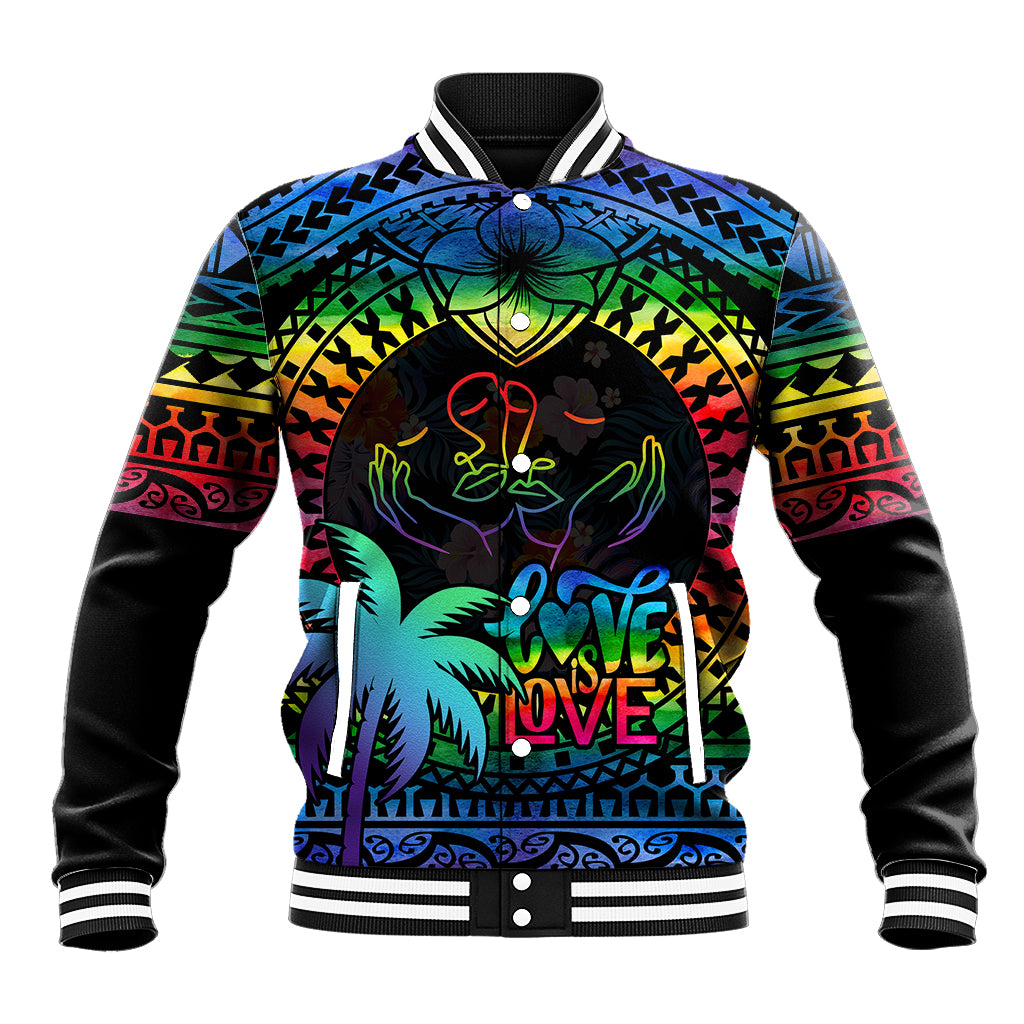 Fiji LGBT Baseball Jacket Love Is Love Tapa Pattern Rainbow Water Color LT9 Unisex Black - Polynesian Pride