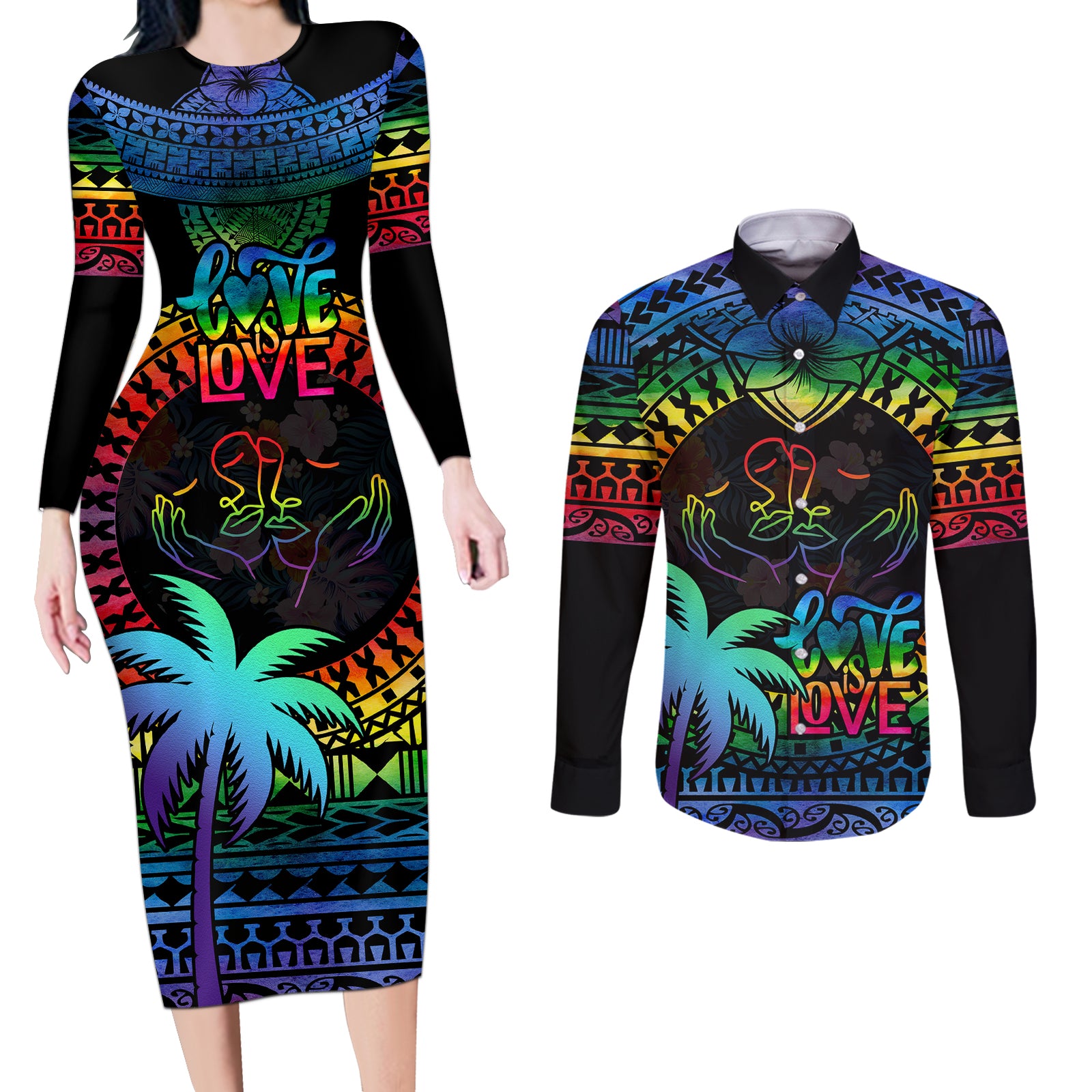 Fiji LGBT Couples Matching Long Sleeve Bodycon Dress and Long Sleeve Button Shirts Love Is Love Tapa Pattern Rainbow Water Color LT9 Black - Polynesian Pride
