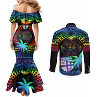 fiji-lgbt-couples-matching-mermaid-dress-and-long-sleeve-button-shirts-love-is-love-tapa-pattern-rainbow-water-color