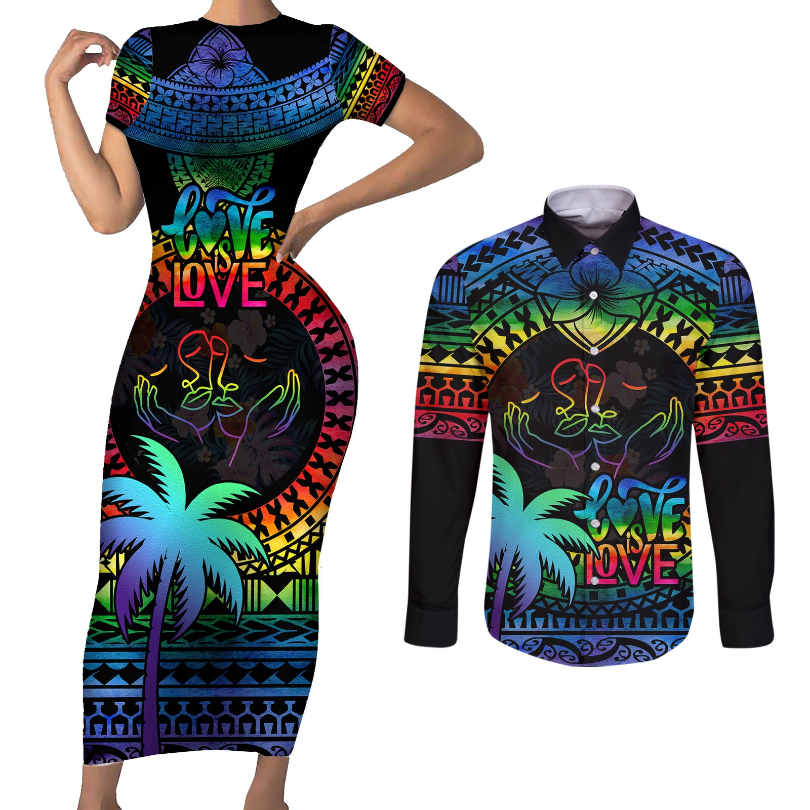 Fiji LGBT Couples Matching Short Sleeve Bodycon Dress and Long Sleeve Button Shirts Love Is Love Tapa Pattern Rainbow Water Color LT9 Black - Polynesian Pride