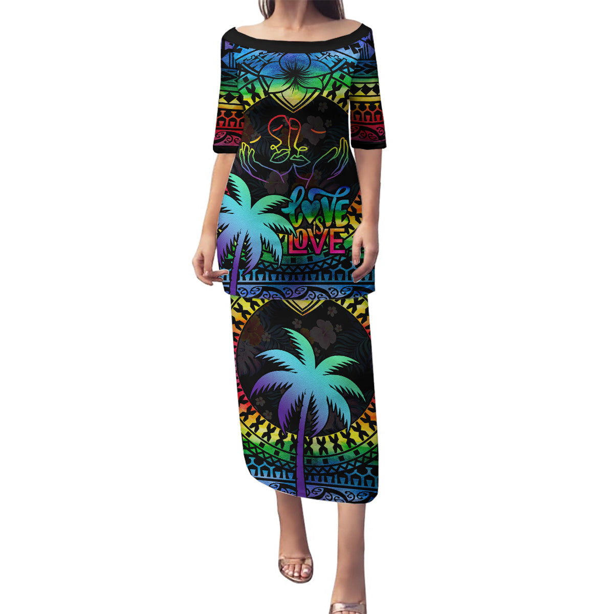 Fiji LGBT Family Matching Puletasi Dress and Hawaiian Shirt Love Is Love Tapa Pattern Rainbow Water Color LT9 Mom's Dress Black - Polynesian Pride