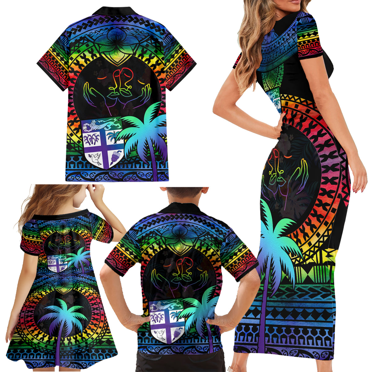 fiji-lgbt-family-matching-short-sleeve-bodycon-dress-and-hawaiian-shirt-love-is-love-tapa-pattern-rainbow-water-color