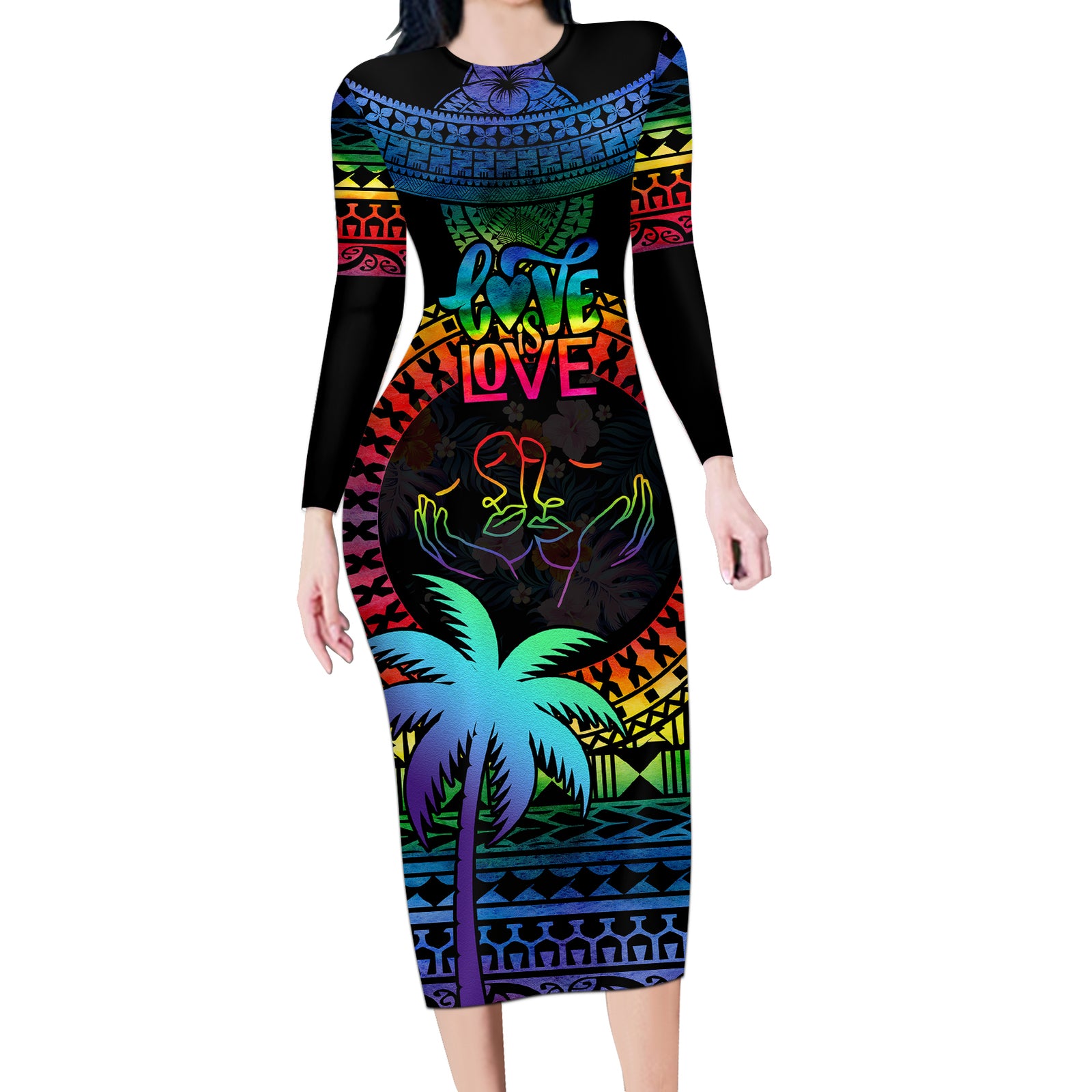 Fiji LGBT Long Sleeve Bodycon Dress Love Is Love Tapa Pattern Rainbow Water Color LT9 Long Dress Black - Polynesian Pride