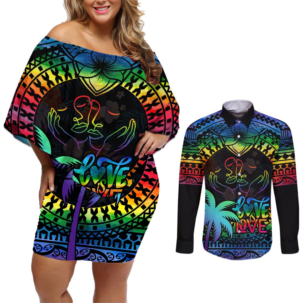 Personalised Fiji LGBT Couples Matching Off Shoulder Short Dress and Long Sleeve Button Shirts Love Is Love Tapa Pattern Rainbow Water Color LT9 Black - Polynesian Pride