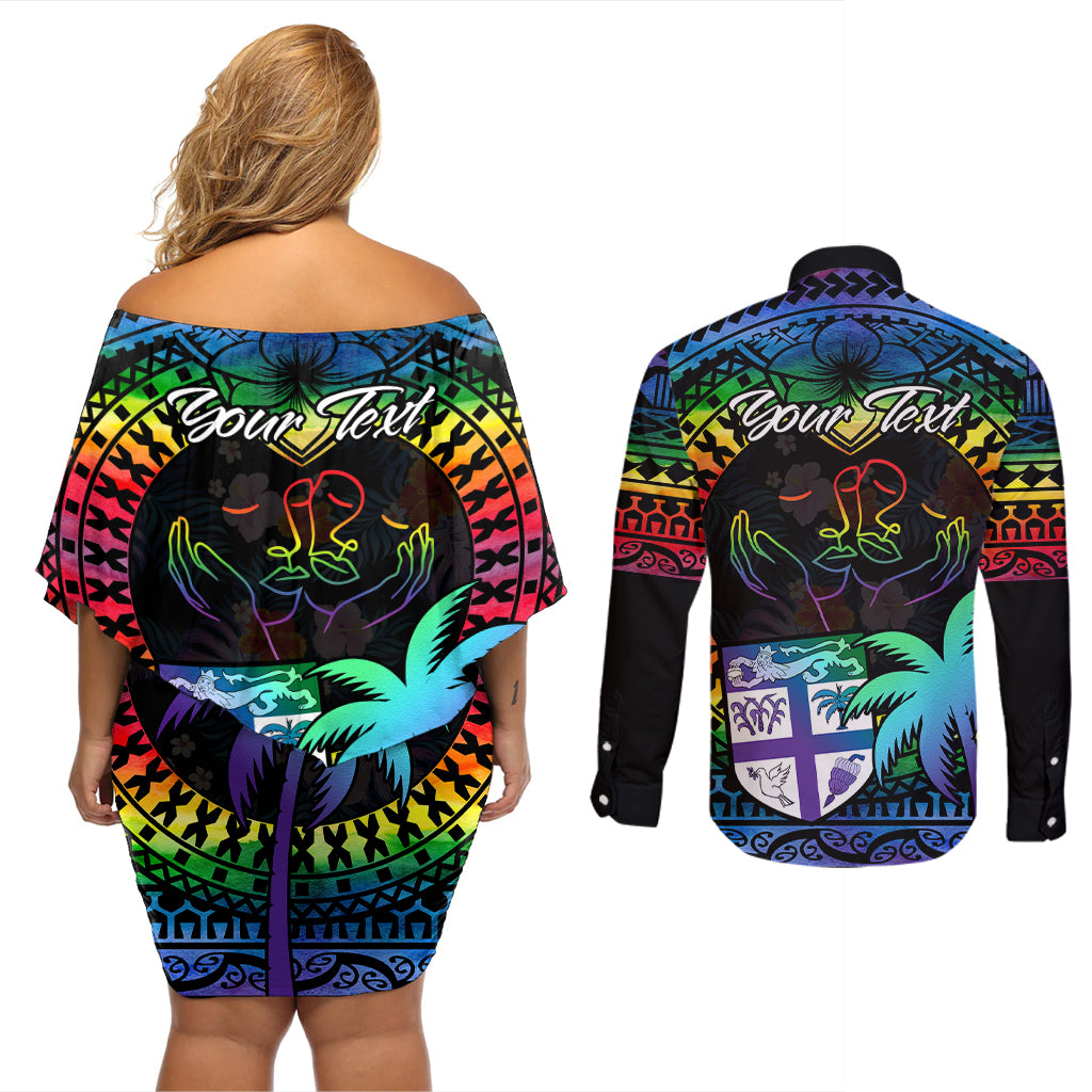 personalised-fiji-lgbt-couples-matching-off-shoulder-short-dress-and-long-sleeve-button-shirts-love-is-love-tapa-pattern-rainbow-water-color