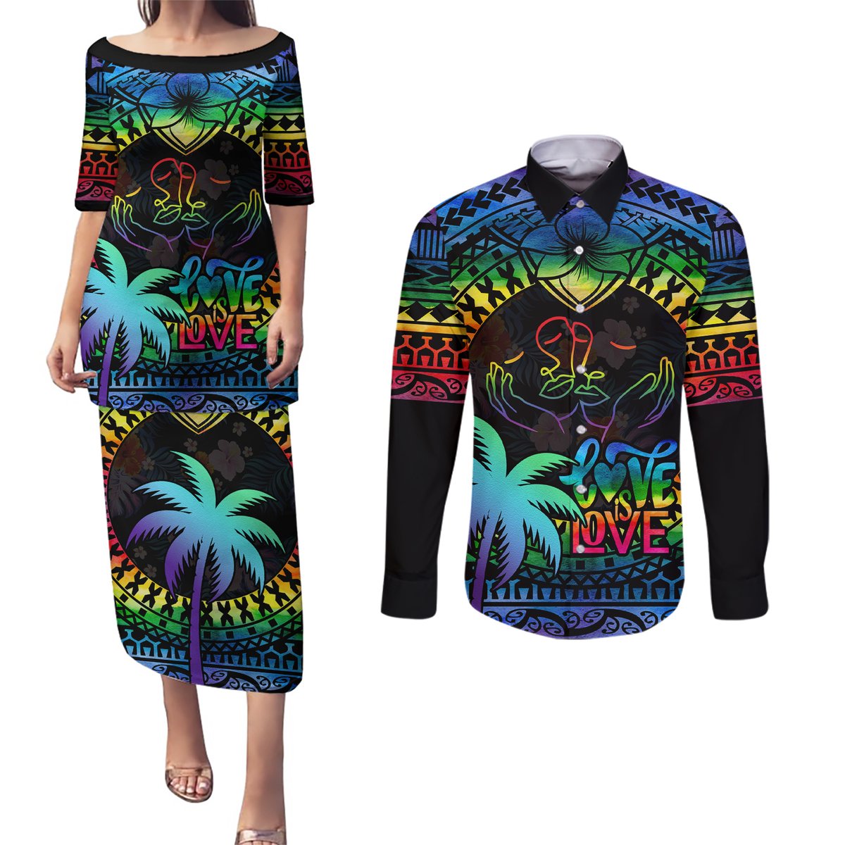 Personalised Fiji LGBT Couples Matching Puletasi Dress and Long Sleeve Button Shirts Love Is Love Tapa Pattern Rainbow Water Color LT9 Black - Polynesian Pride