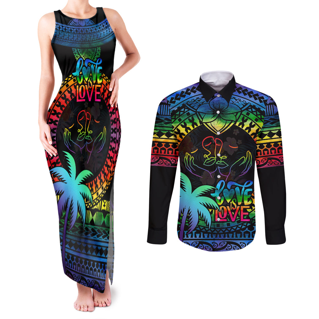 Personalised Fiji LGBT Couples Matching Tank Maxi Dress and Long Sleeve Button Shirts Love Is Love Tapa Pattern Rainbow Water Color LT9 Black - Polynesian Pride