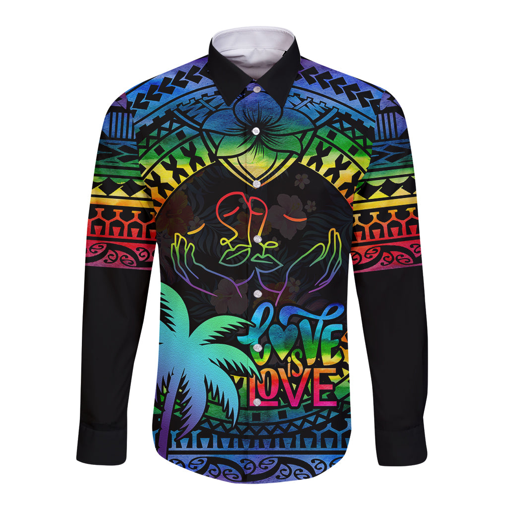 Personalised Fiji LGBT Long Sleeve Button Shirt Love Is Love Tapa Pattern Rainbow Water Color LT9 Unisex Black - Polynesian Pride