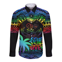 Personalised Fiji LGBT Long Sleeve Button Shirt Love Is Love Tapa Pattern Rainbow Water Color LT9 Unisex Black - Polynesian Pride