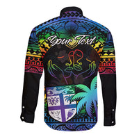 Personalised Fiji LGBT Long Sleeve Button Shirt Love Is Love Tapa Pattern Rainbow Water Color LT9 - Polynesian Pride