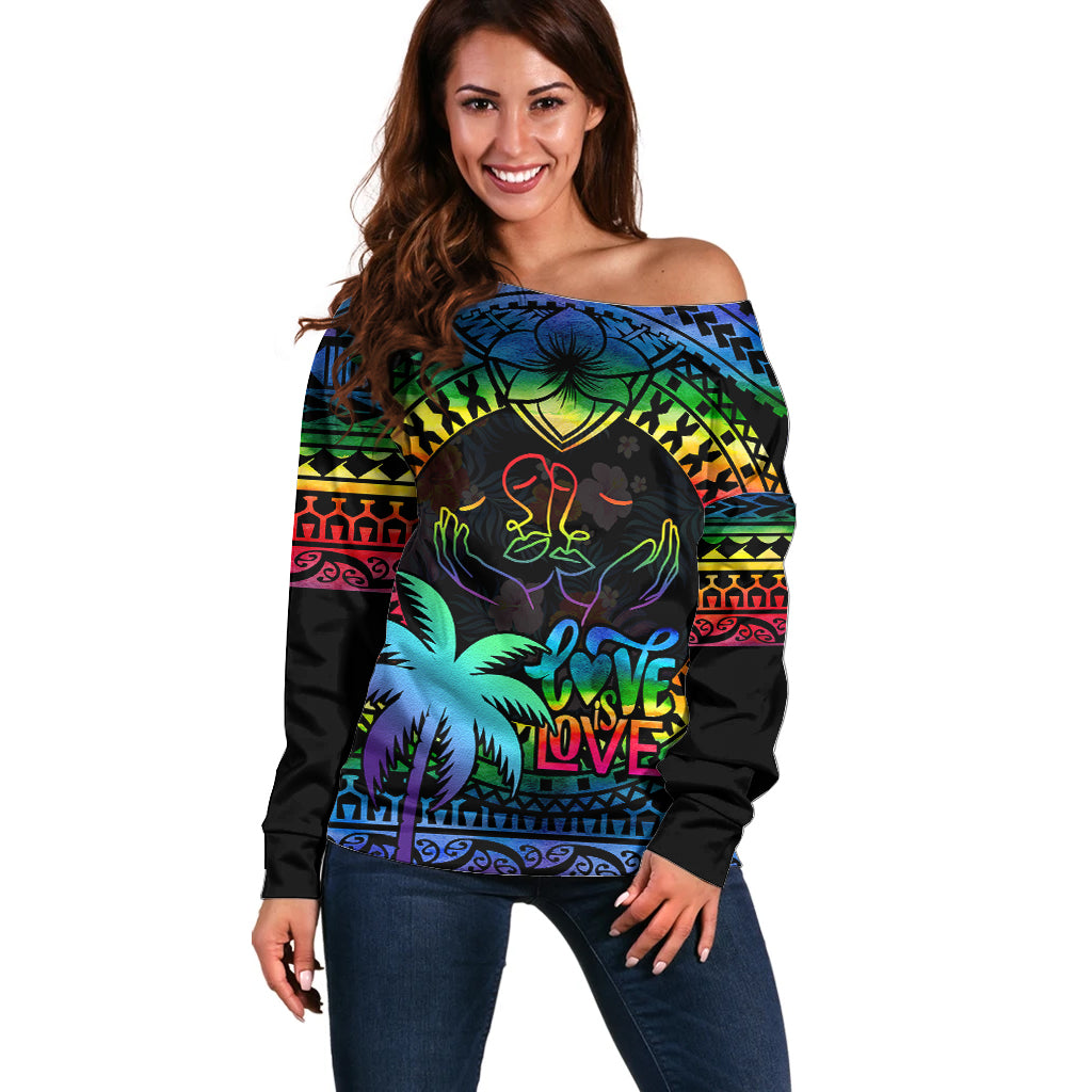 Personalised Fiji LGBT Off Shoulder Sweater Love Is Love Tapa Pattern Rainbow Water Color LT9 Women Black - Polynesian Pride