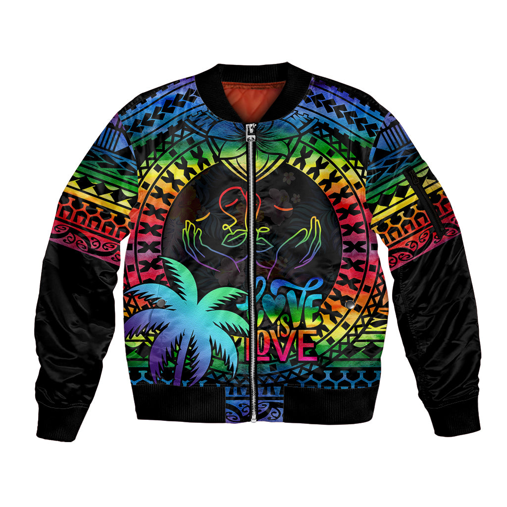 personalised-fiji-lgbt-sleeve-zip-bomber-jacket-love-is-love-tapa-pattern-rainbow-water-color