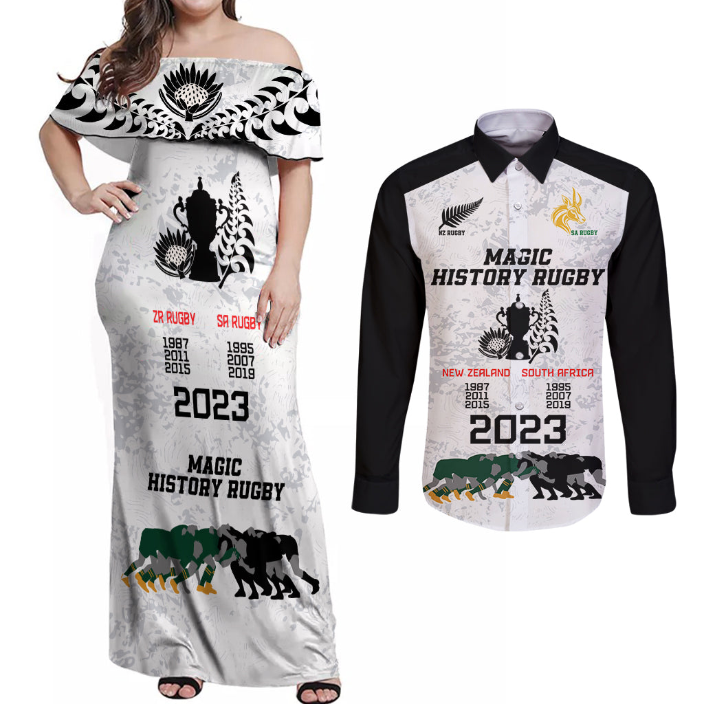 New Zealand South Africa Rugby Couples Matching Off Shoulder Maxi Dress and Long Sleeve Button Shirt History Commemorative World Cup Winners Unique LT9 White - Polynesian Pride