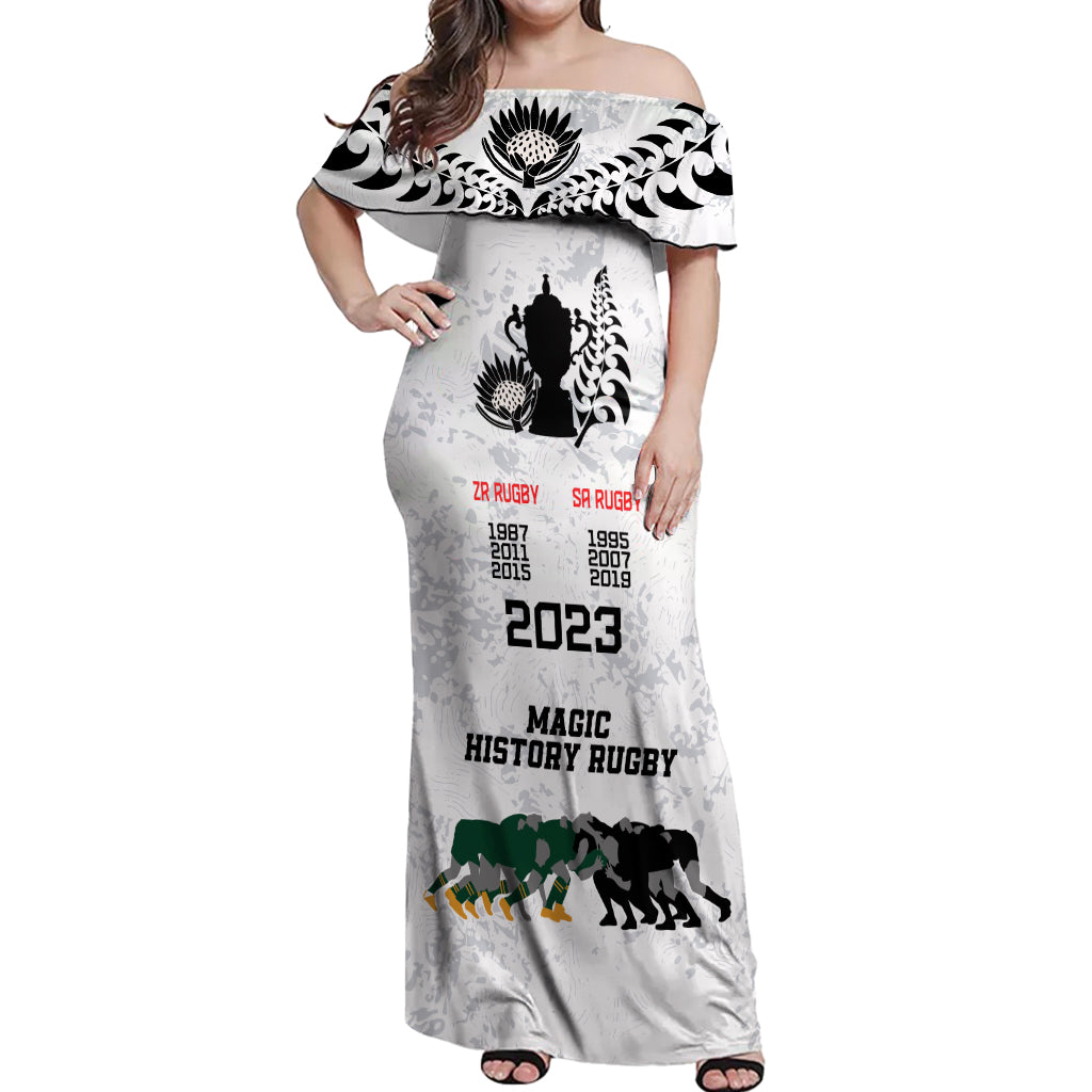 New Zealand South Africa Rugby Off Shoulder Maxi Dress History Commemorative World Cup Winners Unique LT9 Women White - Polynesian Pride