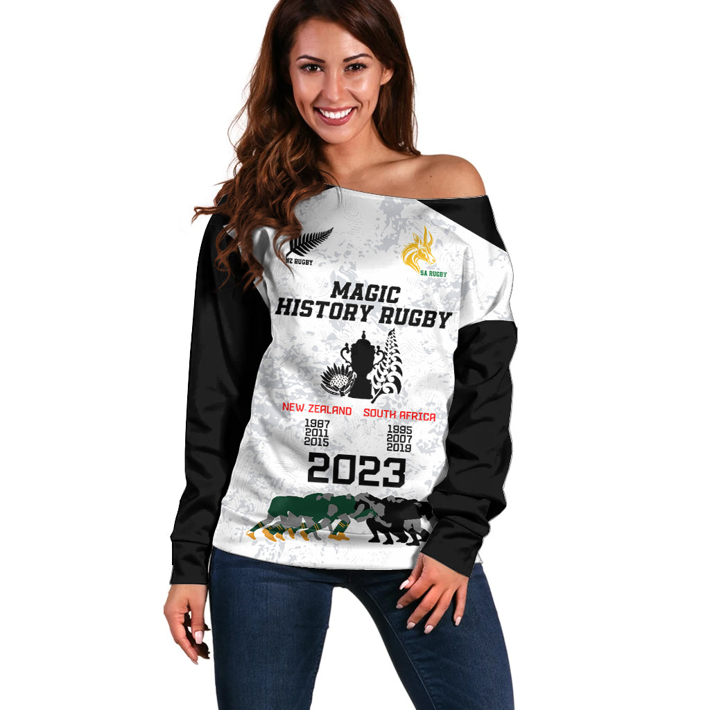New Zealand South Africa Rugby Off Shoulder Sweater History Commemorative World Cup Winners Unique LT9 Women White - Polynesian Pride