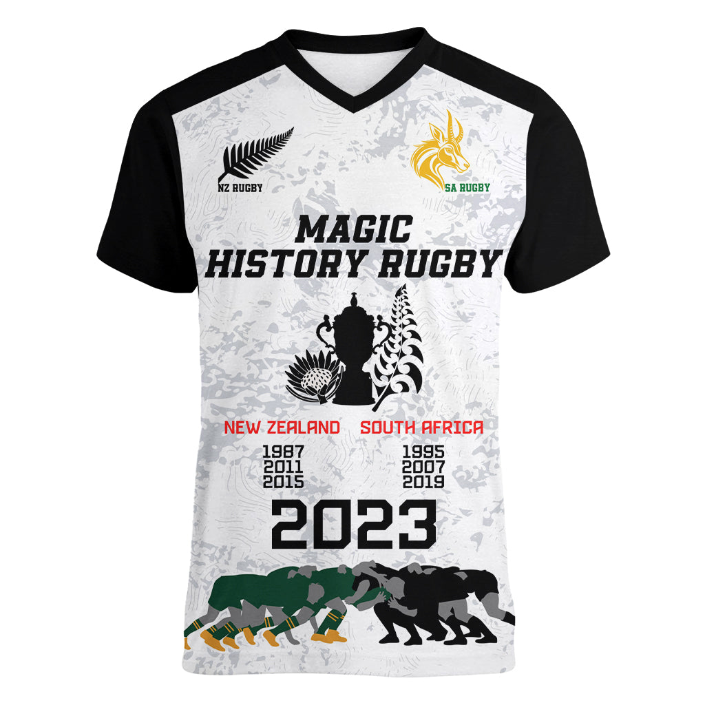 New Zealand South Africa Rugby Women V Neck T Shirt History Commemorative World Cup Winners Unique LT9 Female White - Polynesian Pride