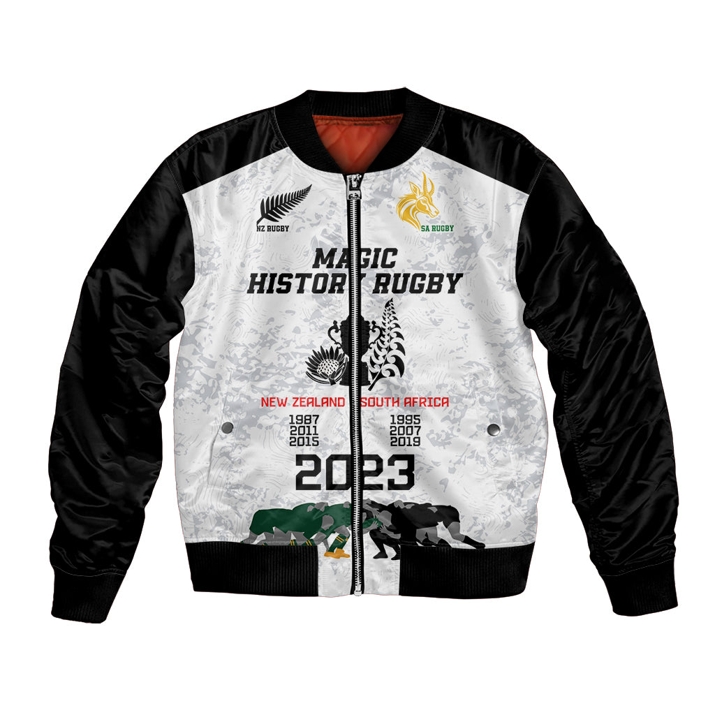Custom New Zealand South Africa Rugby Bomber Jacket History Commemorative World Cup Winners Unique LT9 Unisex White - Polynesian Pride