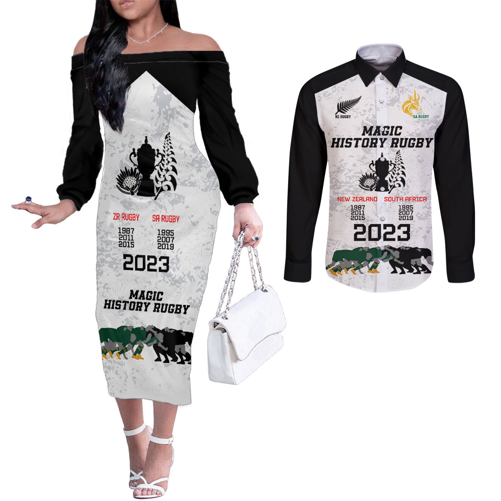 Custom New Zealand South Africa Rugby Couples Matching Off The Shoulder Long Sleeve Dress and Long Sleeve Button Shirt History Commemorative World Cup Winners Unique LT9 White - Polynesian Pride