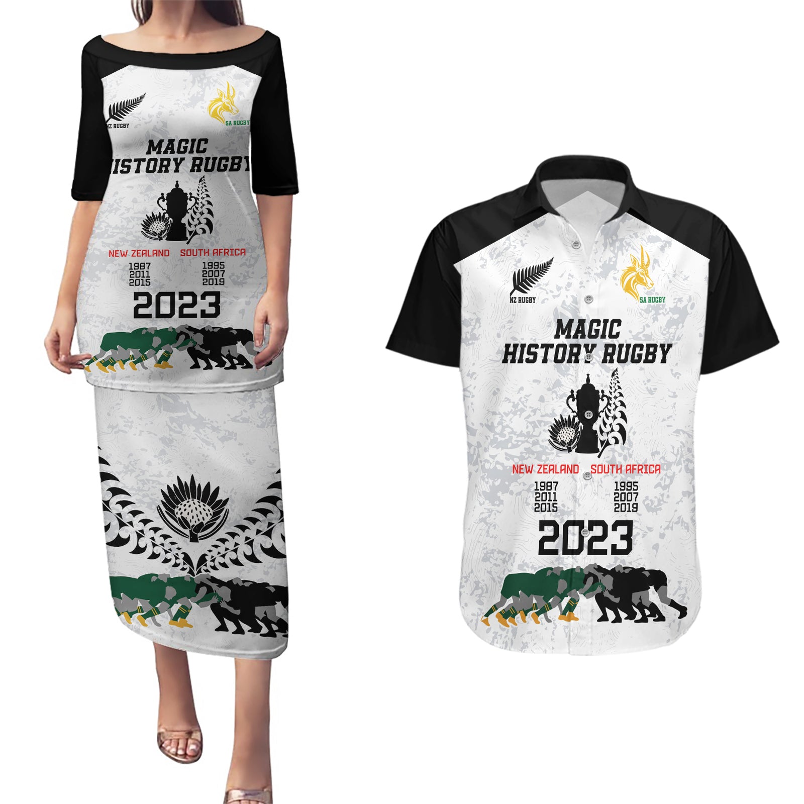 Custom New Zealand South Africa Rugby Couples Matching Puletasi Dress and Hawaiian Shirt History Commemorative World Cup Winners Unique LT9 White - Polynesian Pride