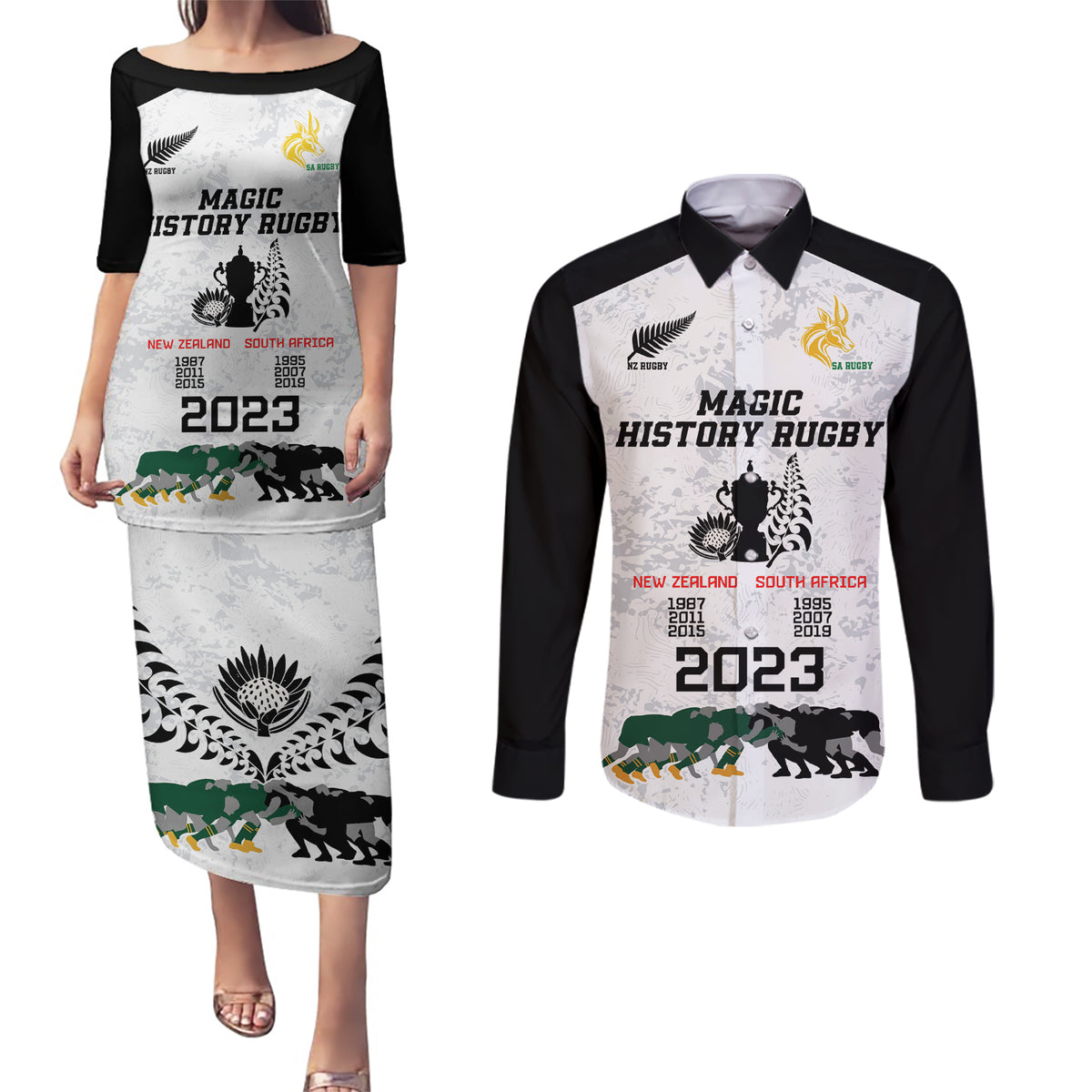 Custom New Zealand South Africa Rugby Couples Matching Puletasi Dress and Long Sleeve Button Shirt History Commemorative World Cup Winners Unique LT9 White - Polynesian Pride