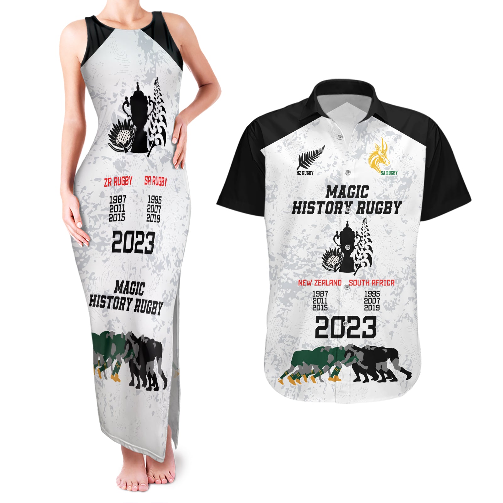 Custom New Zealand South Africa Rugby Couples Matching Tank Maxi Dress and Hawaiian Shirt History Commemorative World Cup Winners Unique LT9 White - Polynesian Pride