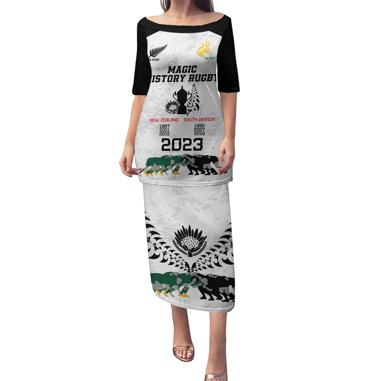 Custom New Zealand South Africa Rugby Puletasi History Commemorative World Cup Winners Unique LT9 Long Dress White - Polynesian Pride